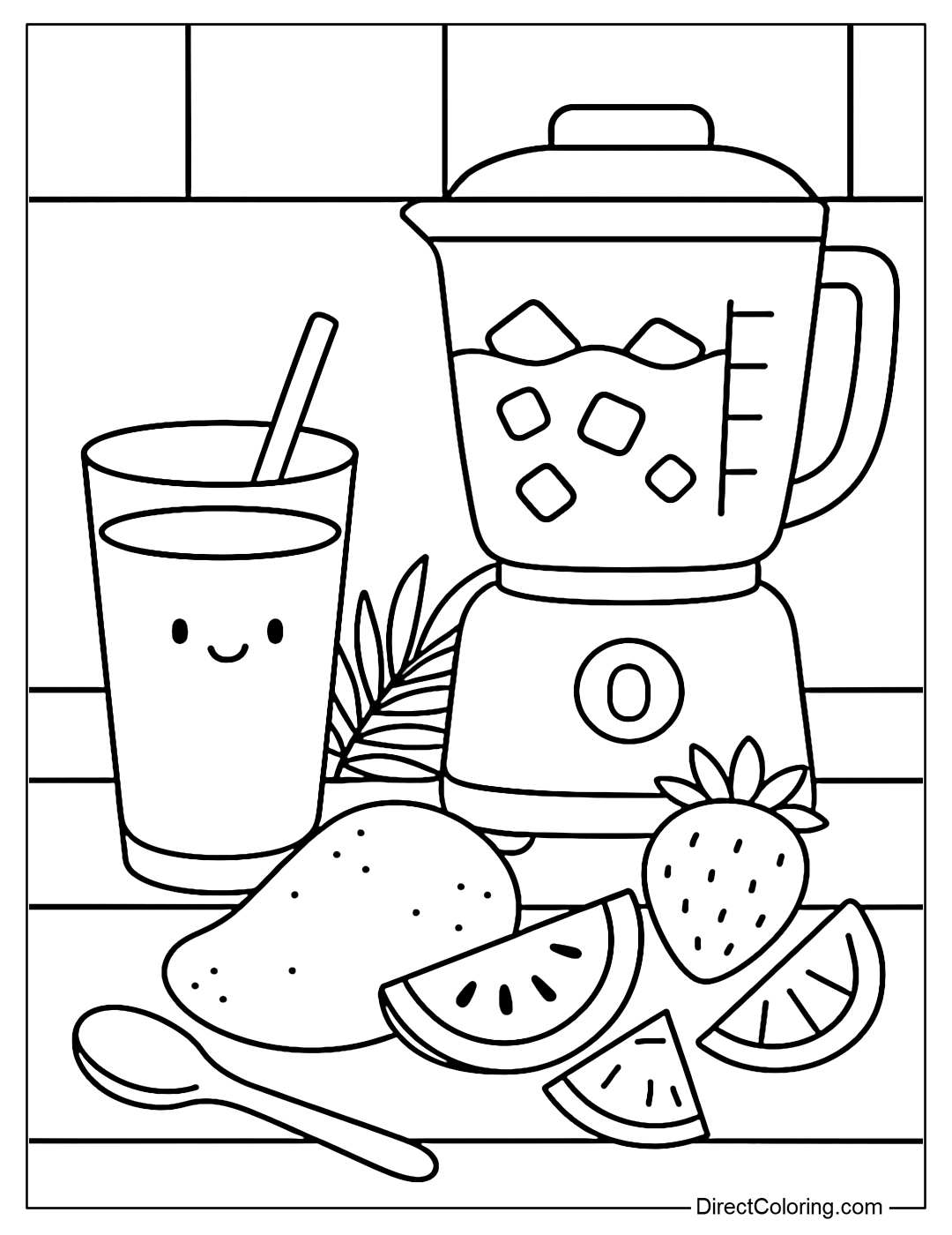 Coloring page of a set of cups - blender - fruit and wooden spoon on a small kitchen table.